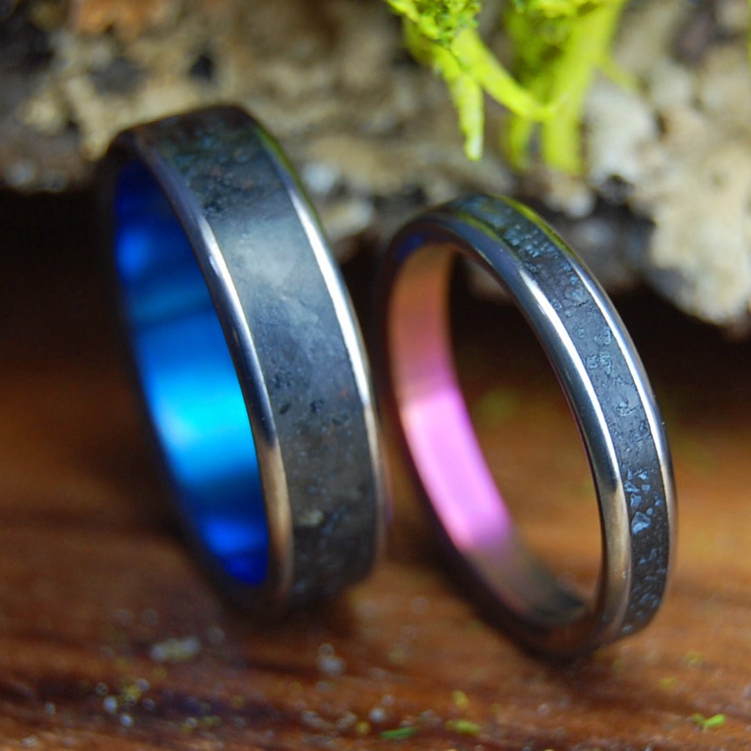 ICELANDIC LAVA BLUE & PINK SET | Icelandic Volcanic Beach Sand And Lava - Unique Wedding Rings - Minter and Richter Designs
