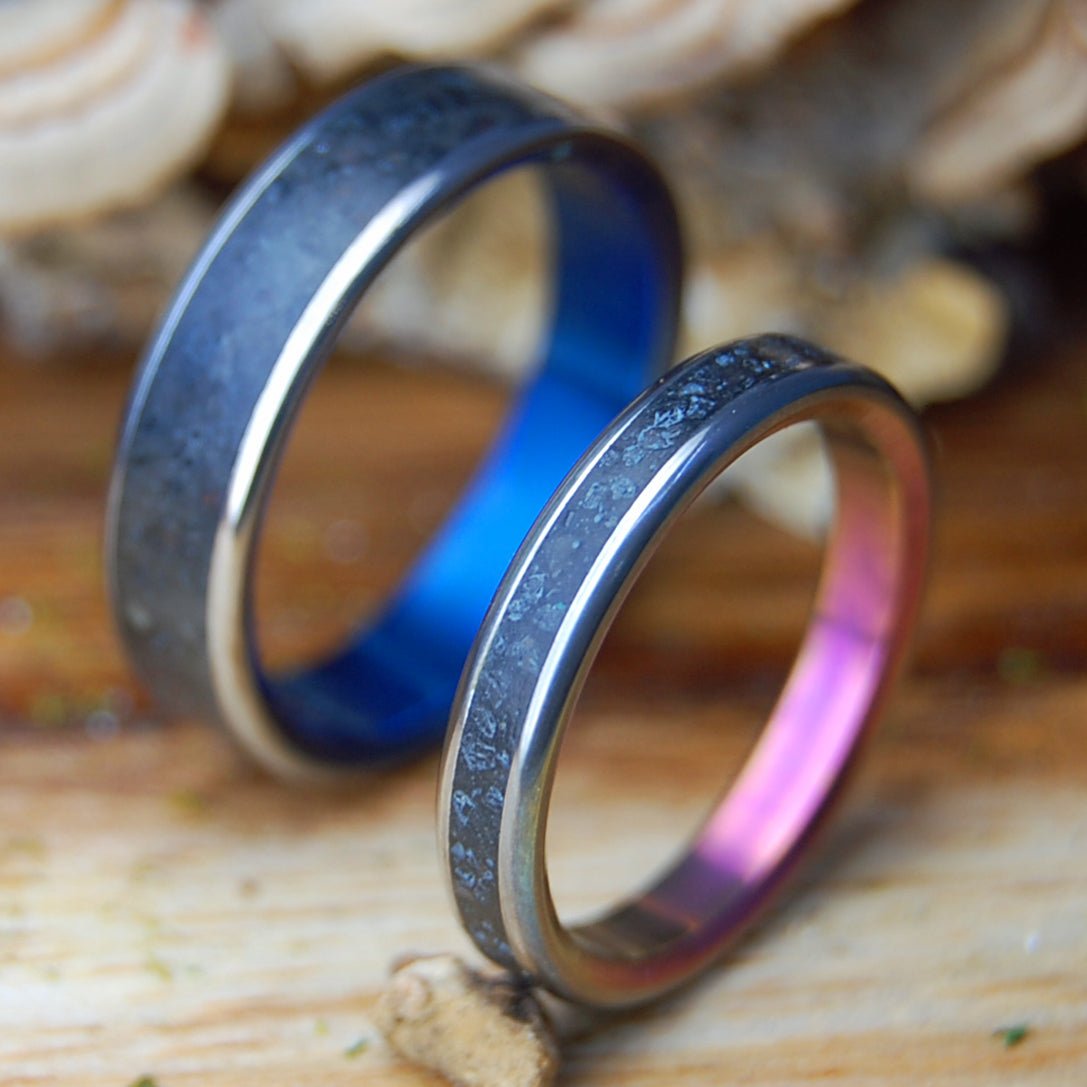 ICELANDIC LAVA BLUE & PINK SET | Icelandic Volcanic Beach Sand And Lava - Unique Wedding Rings - Minter and Richter Designs