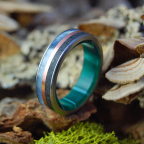 ICELANDIC LAVA GREEN BURST | Copper, Gray Marbled Opalescent, Icelandic Lava - Titanium & Copper Men's Wedding Rings - Minter and Richter Designs
