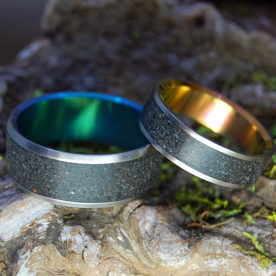 ICELANDIC LAVA AURORA AND SUNSET| Icelandic Volcanic Beach Sand and Lava - Unique Wedding Rings - Minter and Richter Designs