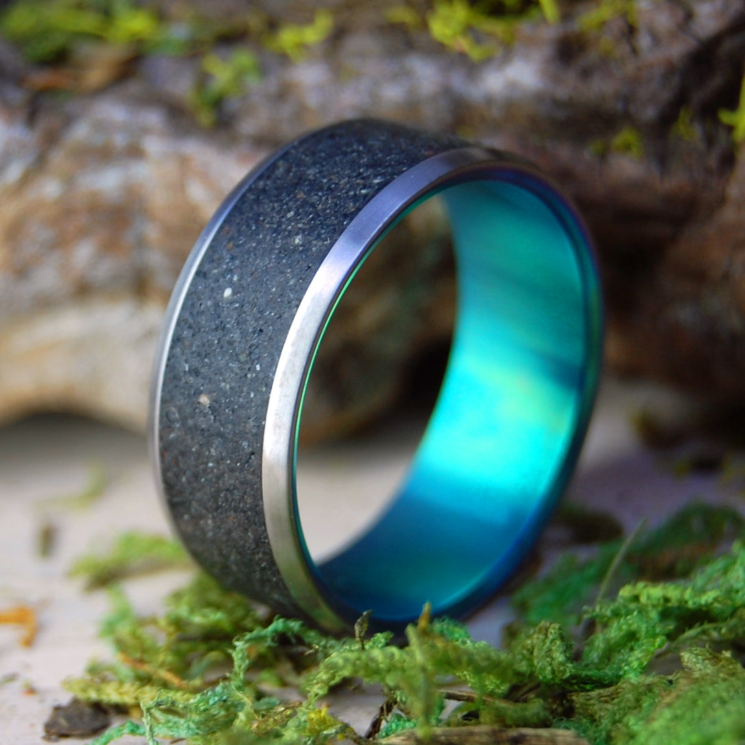 ICELANDIC GREEN AURORA | Beach Sand Lava - Titanium Wedding Ring - Minter and Richter Designs
