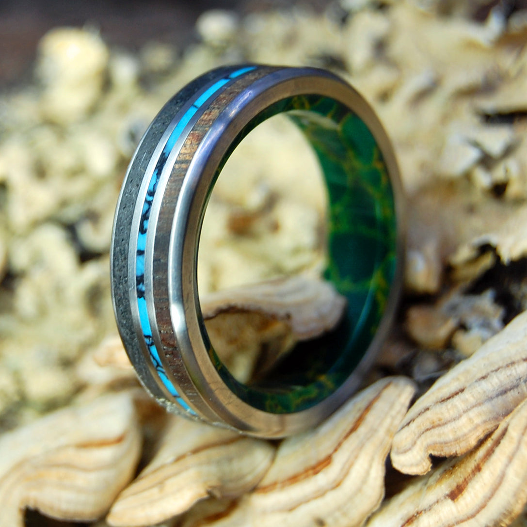 GOLD GREEN LAVA | Icelandic Lava, Koa Wood, Turquoise and Jade - Titanium Wedding Ring - Minter and Richter Designs
