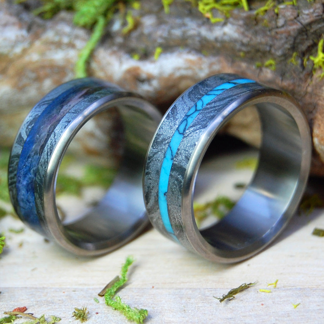 I DESIRE YOU & DESIROUS | Turquoise & Black Silver M3 Mokume Gane, Blue Box Elder Wood - Titanium Wedding Rings - Minter and Richter Designs