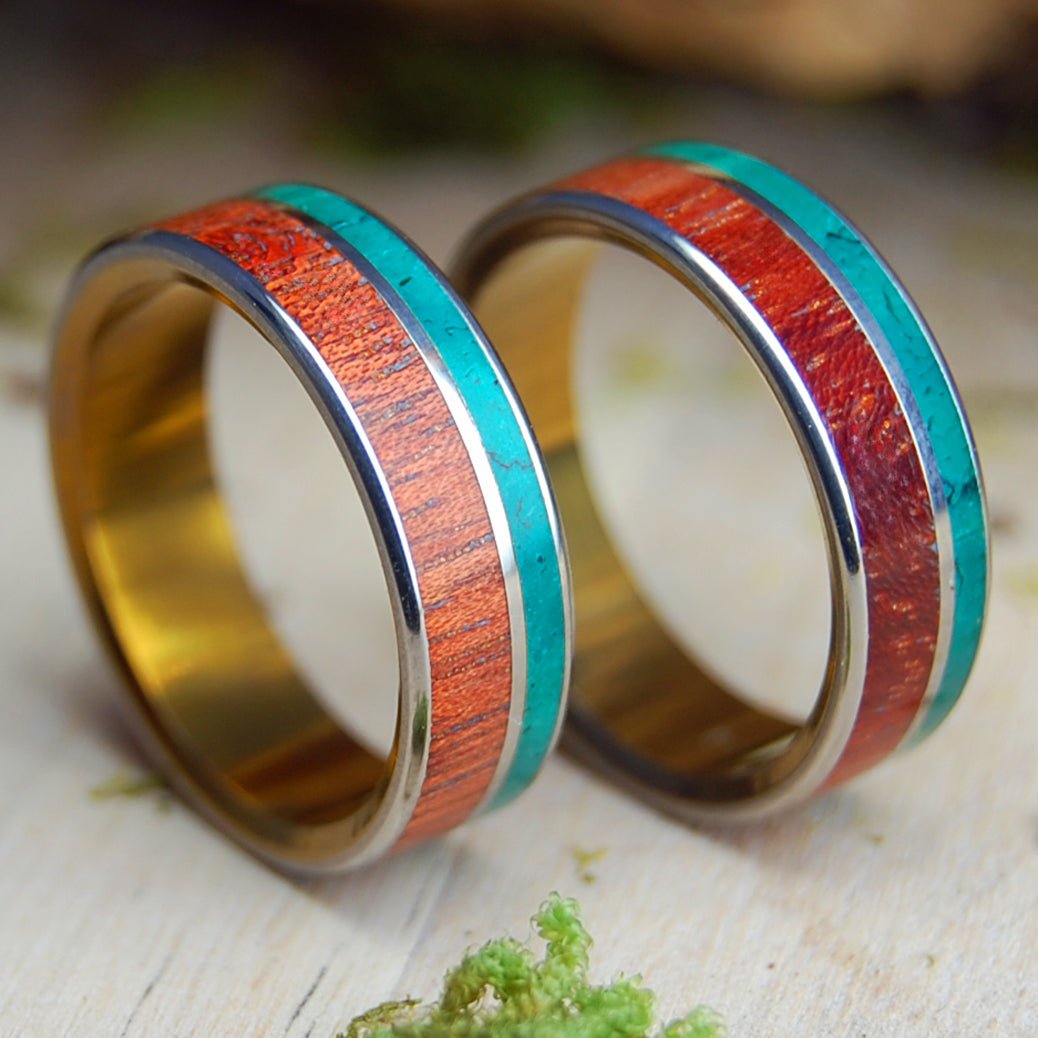 IMPERIAL BLOODWOOD BRONZE SET | Jade Stone, Bloodwood & Titanium - Unique Wedding Rings - Minter and Richter Designs