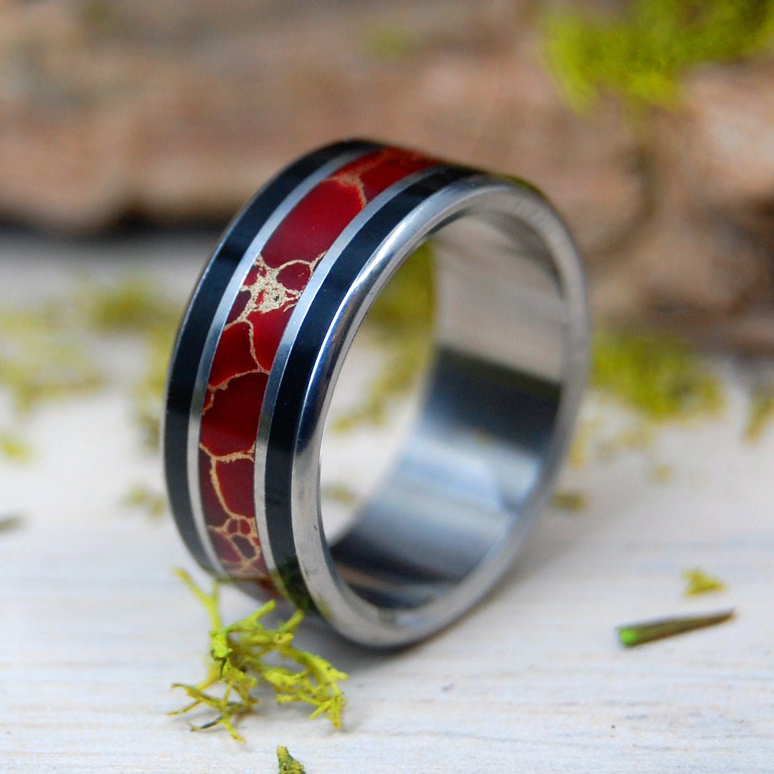 In Shanghai | Men's Red Gold Webbed Jasper, Onyx & Titanium Wedding Ring - Minter and Richter Designs