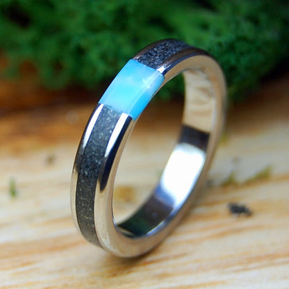 INOX ASSATEAGUE SKIES | Assateague Beach Sand, Larimar Stone & Inox Wedding Ring - Minter and Richter Designs