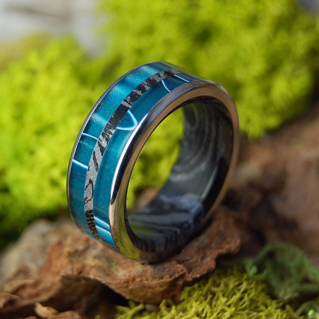 INTERSTELLAR AQUATIC BLACK | Men's Aquatic Resin, Black Silver M3 Mokume Gane & Titanium Wedding Ring - Minter and Richter Designs
