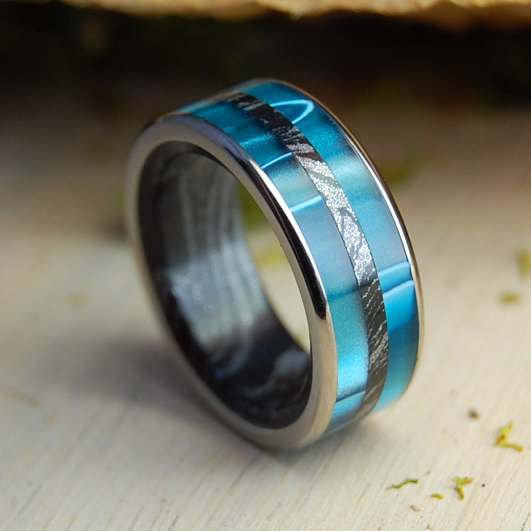 INTERSTELLAR AQUATIC BLACK | Men's Aquatic Resin, Black Silver M3 Mokume Gane & Titanium Wedding Ring - Minter and Richter Designs
