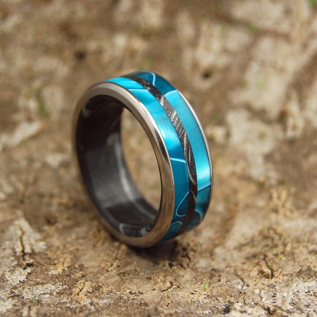 INTERSTELLAR AQUATIC BLACK | Men's Aquatic Resin, Black Silver M3 Mokume Gane & Titanium Wedding Ring - Minter and Richter Designs