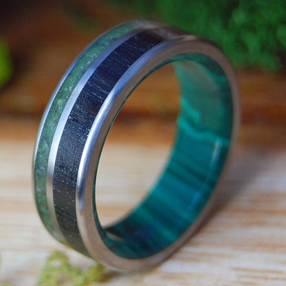 IRISH BOG | Men's Irish Bog Oak, Connemara Marble, Appalachian Trail Dirt, Banded Malachite & Titanium Wedding Ring - Minter and Richter Designs