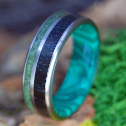 IRISH BOG | Men's Irish Bog Oak, Connemara Marble, Appalachian Trail Dirt, Banded Malachite & Titanium Wedding Ring - Minter and Richter Designs