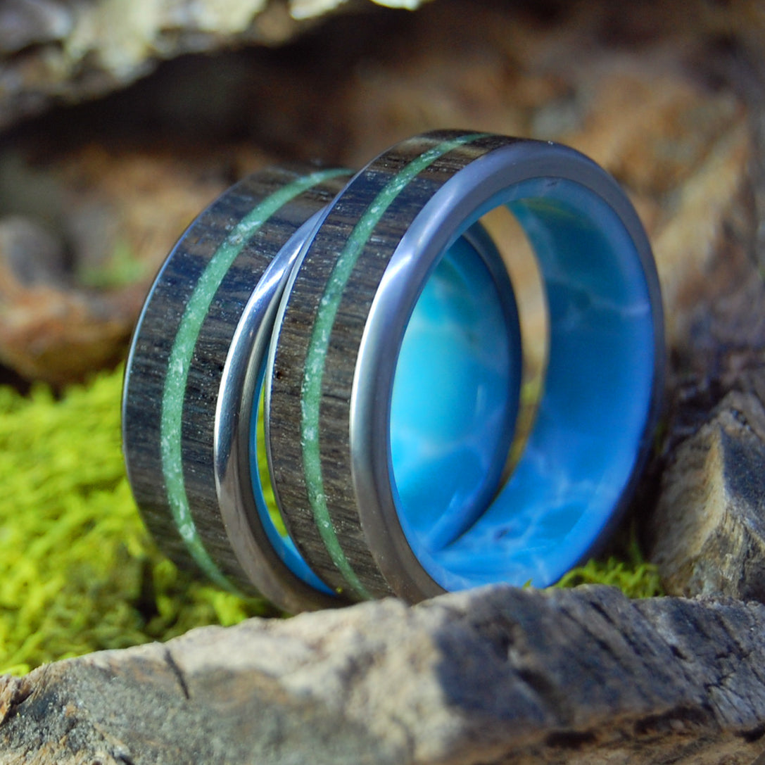 THE SHORES OF IRELAND | Irish Bog Oak & Connemara Marble - Titanium Wedding Rings - Minter and Richter Designs