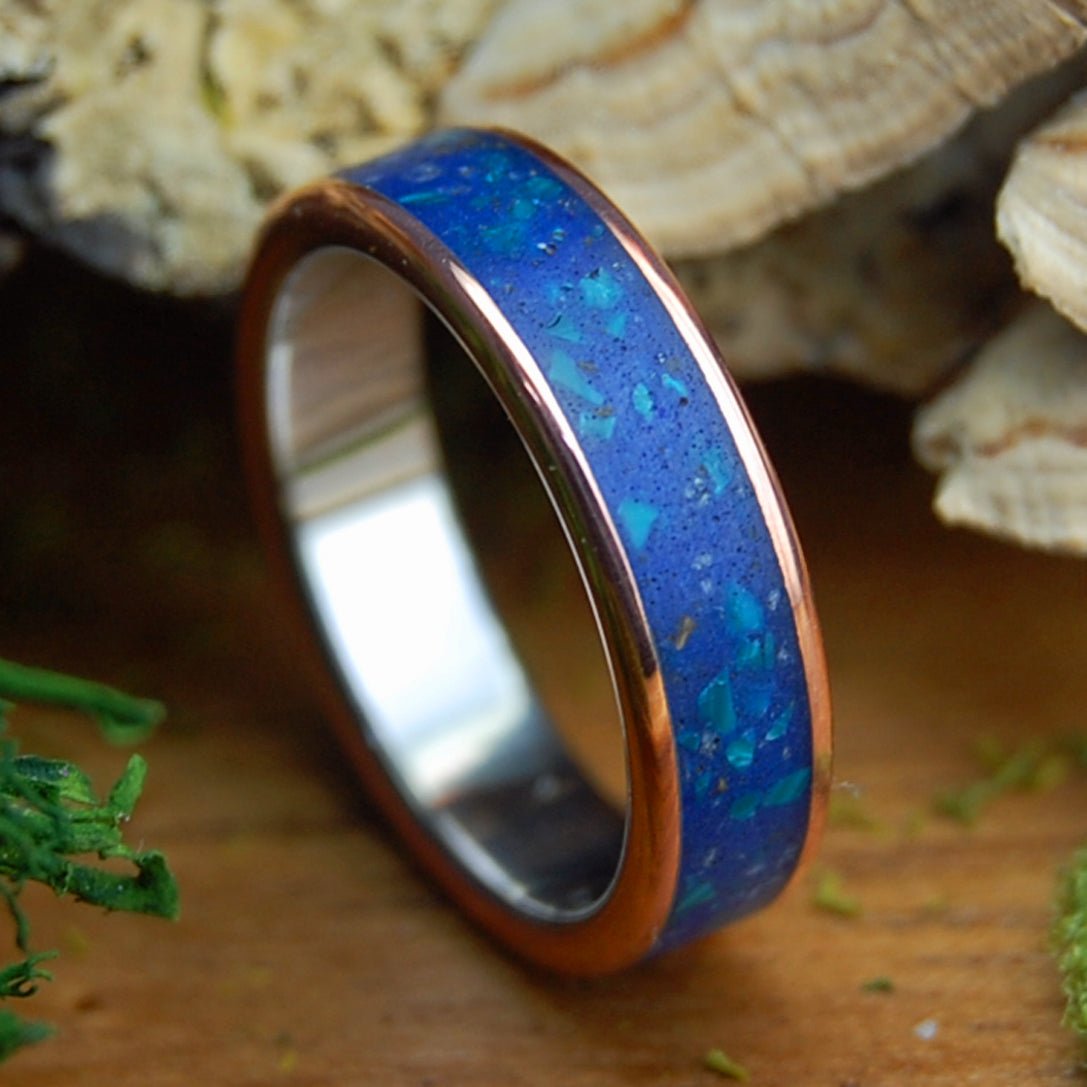 ITALIAN MARBLE WHISKEY | Crushed Italian Marble, Whiskey Barrel & Chrysocolla Stone, Copper & Titanium Wedding Ring - Minter and Richter Designs