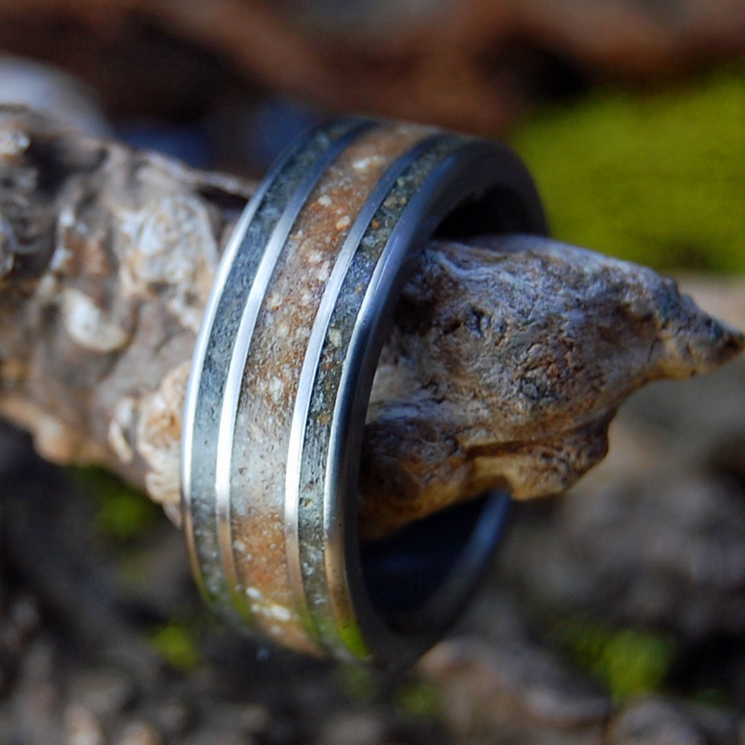 JESUS IS KING | Men's Sea of Galilee, Bethlehem, Laguna, CA Beach Sand & Titanium Wedding Ring - Minter and Richter Designs