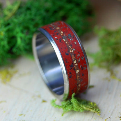 Jurassic Ballpark | Men's Baseball Pitcher Mound Dirt, Fenway Original Brick, Megalodon Shark, Tyrannasaurus Rex Teeth & Titanium Wedding Ring - Minter and Richter Designs