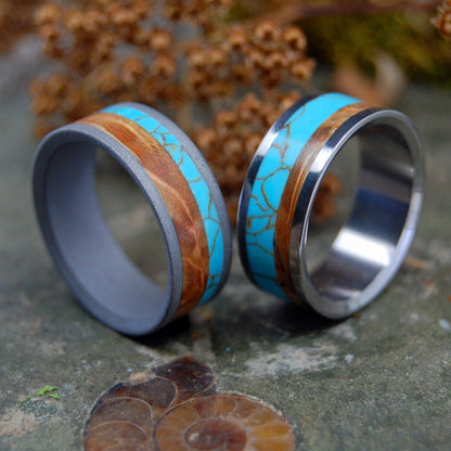 Kinship | Tibetan Turquoise & Box Elder Wood Titanium Wedding Ring Set - Minter and Richter Designs