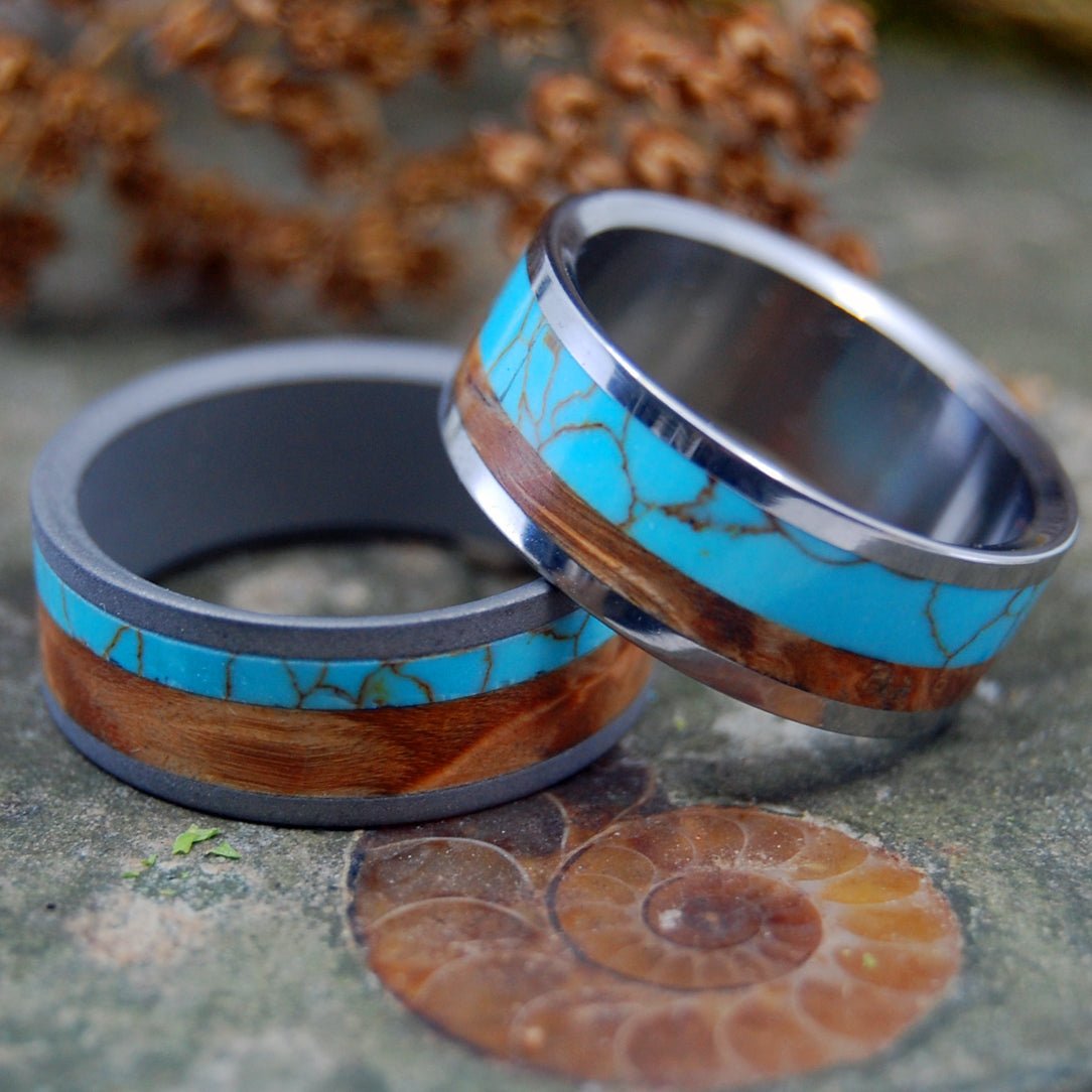 Kinship | Tibetan Turquoise & Box Elder Wood Titanium Wedding Ring Set - Minter and Richter Designs