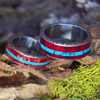 KNOCK ON MY COPPER DOOR BW & GW | Red Jasper Stone, Beaten Copper & Turquoise Stone Wedding Rings - Minter and Richter Designs
