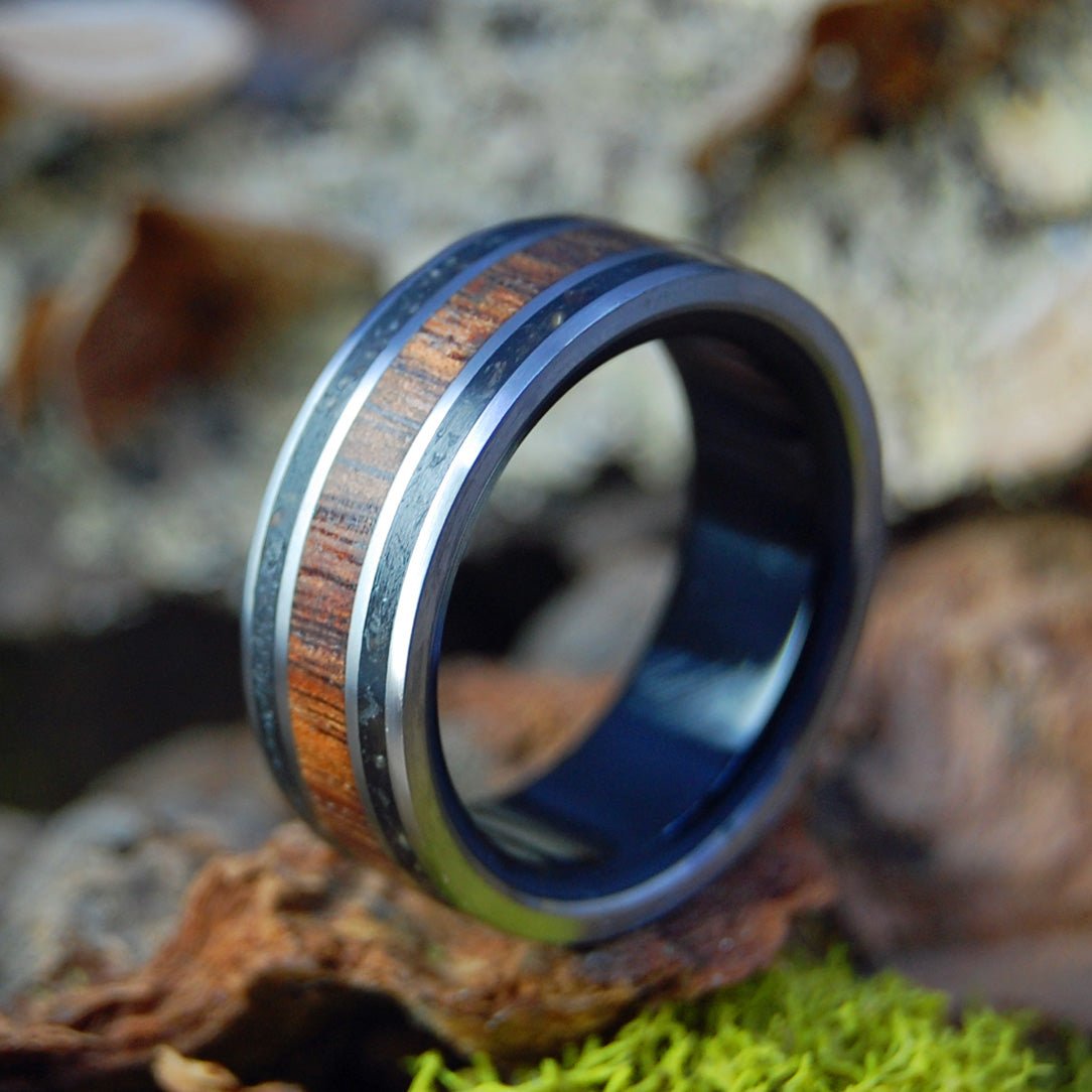 Koa In Black | Men's Black Beach Sand, Koa Wood, Onyx Stone & Titanium Wedding Ring - Minter and Richter Designs
