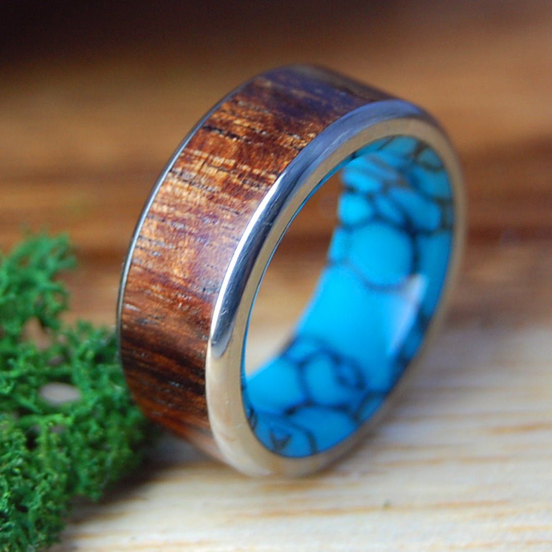 KOA TO THE SEA | Size 6.75 At 8mm | Turquoise, Koa Wood, Titanium | Unique Wedding Band | On Sale - Minter and Richter Designs