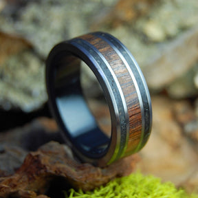 KOA IN BLACK - Black Beach Sand, Koa Wood, Onyx Stone - Men's Wedding Rings - Minter and Richter Designs