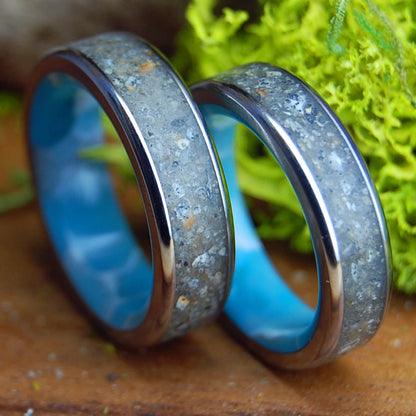 LAGUNA LARIMAR SET | His & Hers Laguna Beach Sand, Larimar Stone & Titanium Wedding Rings - Minter and Richter Designs