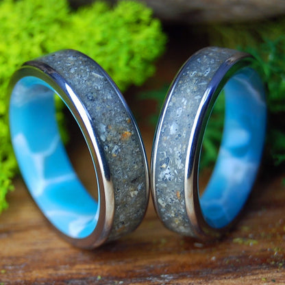 LAGUNA LARIMAR SET | His & Hers Laguna Beach Sand, Larimar Stone & Titanium Wedding Rings - Minter and Richter Designs