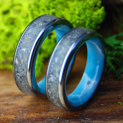 LAGUNA LARIMAR SET | His & Hers Laguna Beach Sand, Larimar Stone & Titanium Wedding Rings - Minter and Richter Designs