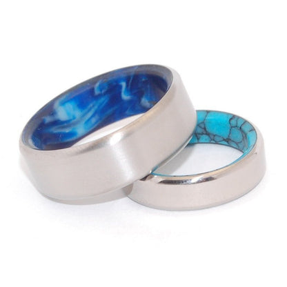 Lake & Swirling Sea | Turquoise Stone And Blue Vintage Resin - Unique Wedding Rings - Minter and Richter Designs
