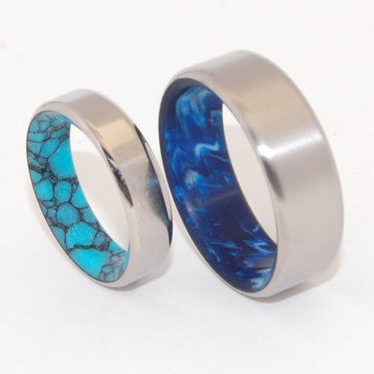 Lake & Swirling Sea | Turquoise Stone And Blue Vintage Resin - Unique Wedding Rings - Minter and Richter Designs
