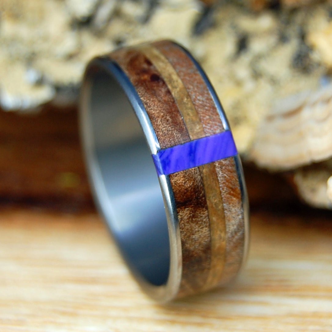 LAND OF PLENTY | Men's Charoite Stone, Maple Burl, Dark Maple & Golden Box Elder Wood & Titanium Wedding Ring - Minter and Richter Designs
