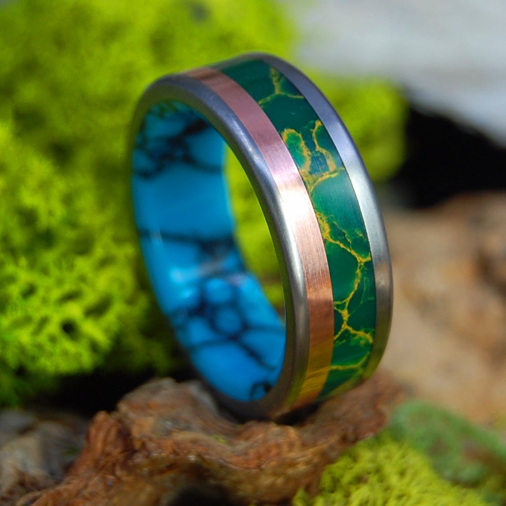 LAND OF THE VIKING | Men's Copper, Turquoise, Egyptian Jade & Titanium Wedding Ring - Minter and Richter Designs