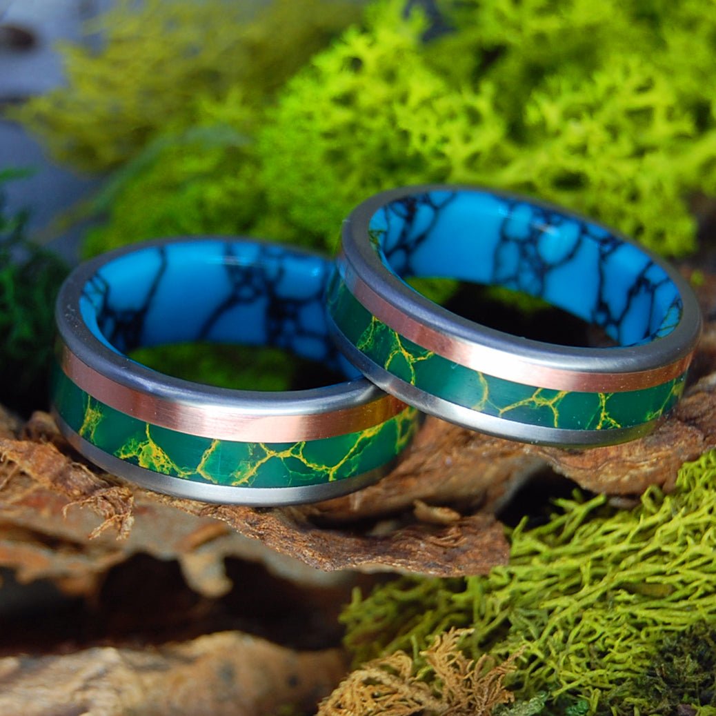 LAND OF THE VIKING SET | Jade and Turquoise Stone, Copper - Unique Wedding Rings - Minter and Richter Designs
