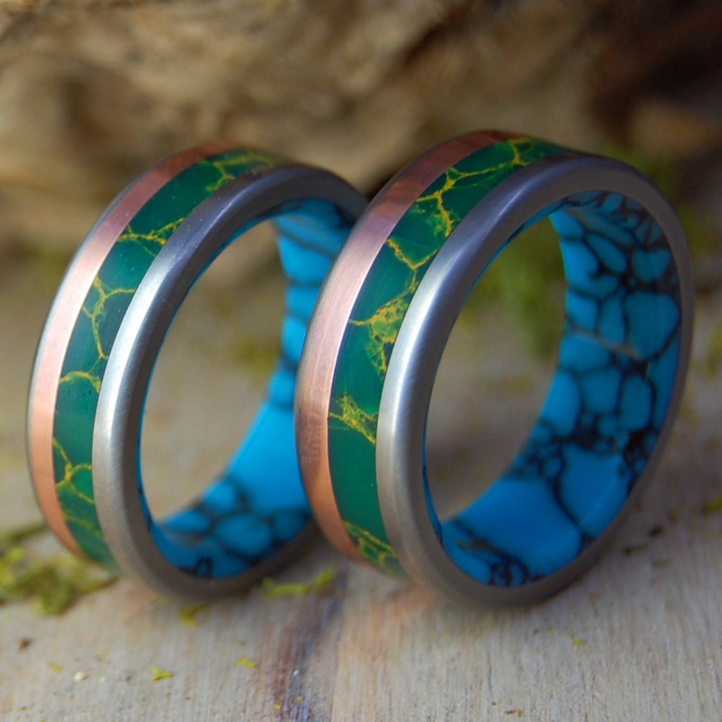 LAND OF THE VIKING SET | Jade and Turquoise Stone, Copper - Unique Wedding Rings - Minter and Richter Designs