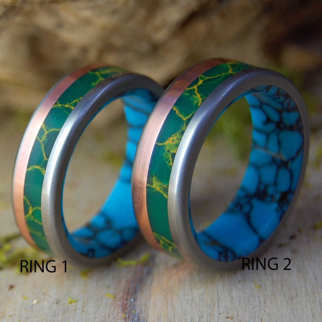 LAND OF THE VIKING SET | Jade and Turquoise Stone, Copper - Unique Wedding Rings - Minter and Richter Designs