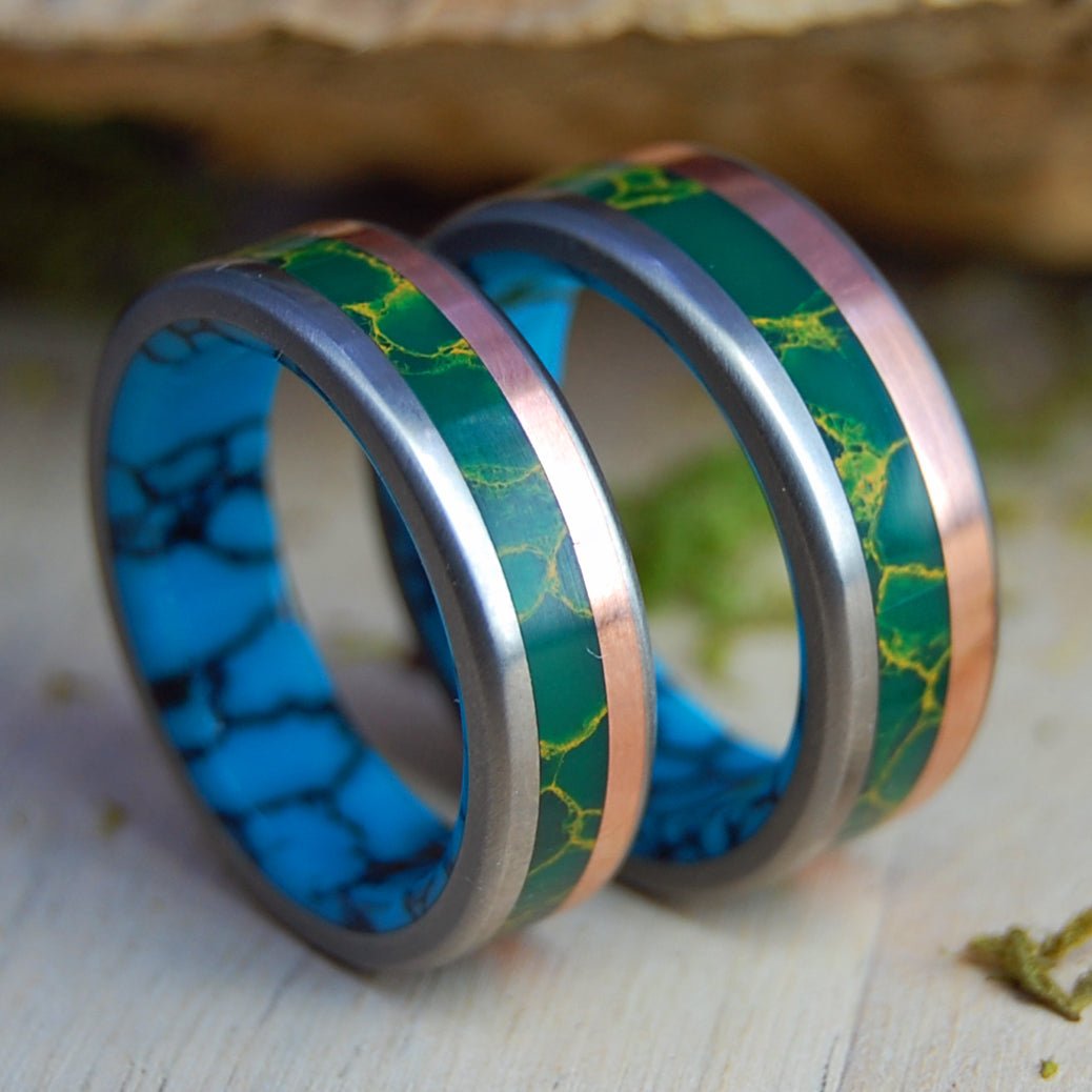 LAND OF THE VIKING SET | Jade and Turquoise Stone, Copper - Unique Wedding Rings - Minter and Richter Designs