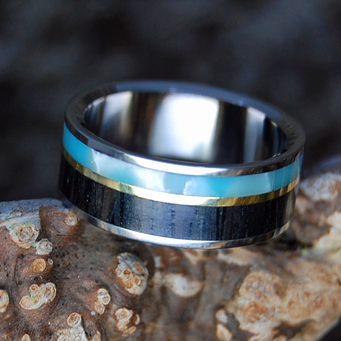 LARIMAR BRASS BOG | Men's Larimar Stone, Scottish Bog Oak, Brass & Titanium Wedding Ring - Minter and Richter Designs