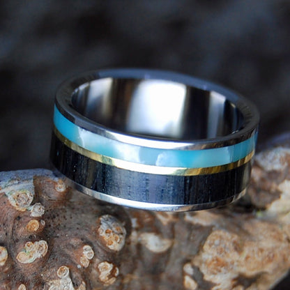 LARIMAR BRASS BOG | Men's Larimar Stone, Scottish Bog Oak, Brass & Titanium Wedding Ring - Minter and Richter Designs
