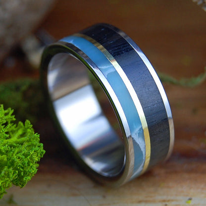 LARIMAR BRASS BOG | Men's Larimar Stone, Scottish Bog Oak, Brass & Titanium Wedding Ring - Minter and Richter Designs