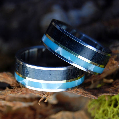 LARIMAR BRASS BOG SET | Larimar Stone, Scottish Bog Oak, Brass - Scottish Wedding Rings - Minter and Richter Designs
