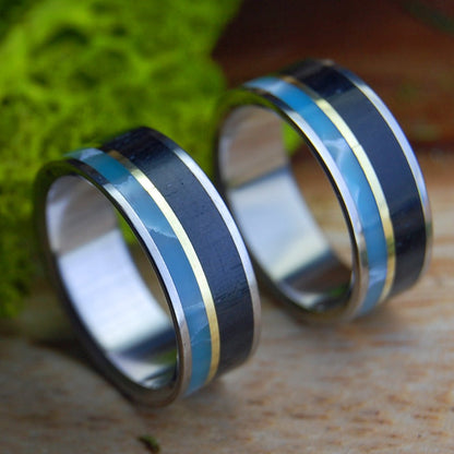 LARIMAR BRASS BOG SET | Larimar Stone, Scottish Bog Oak, Brass - Scottish Wedding Rings - Minter and Richter Designs