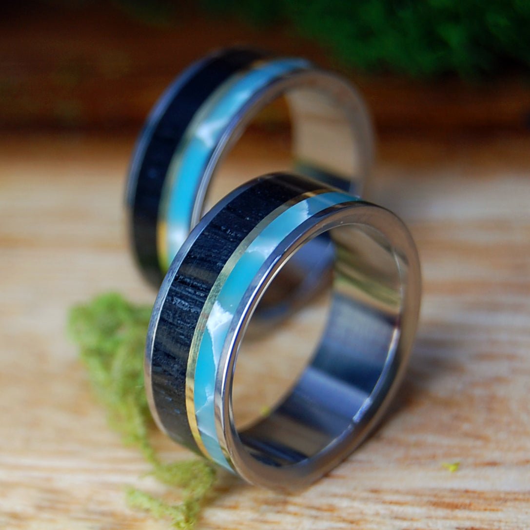 LARIMAR BRASS BOG SET | Larimar Stone, Scottish Bog Oak, Brass - Scottish Wedding Rings - Minter and Richter Designs