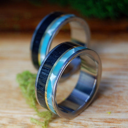 LARIMAR BRASS BOG SET | Larimar Stone, Scottish Bog Oak, Brass - Scottish Wedding Rings - Minter and Richter Designs