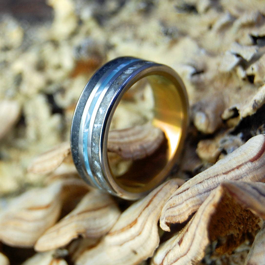 SANTA BARBARA MYSTICALLY TOUCHED | Larimar, Santa Barbara Beach Sand, Icelandic Lava - Titanium Wedding Ring - Minter and Richter Designs