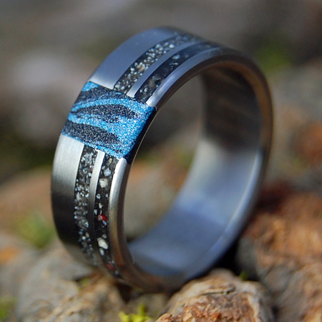 LESSER TO GREATER ANTILLES | Men's Jamaica, Barbados, Trinidad Beach Sand, Mokume Gane & Titanium Wedding Ring - Minter and Richter Designs