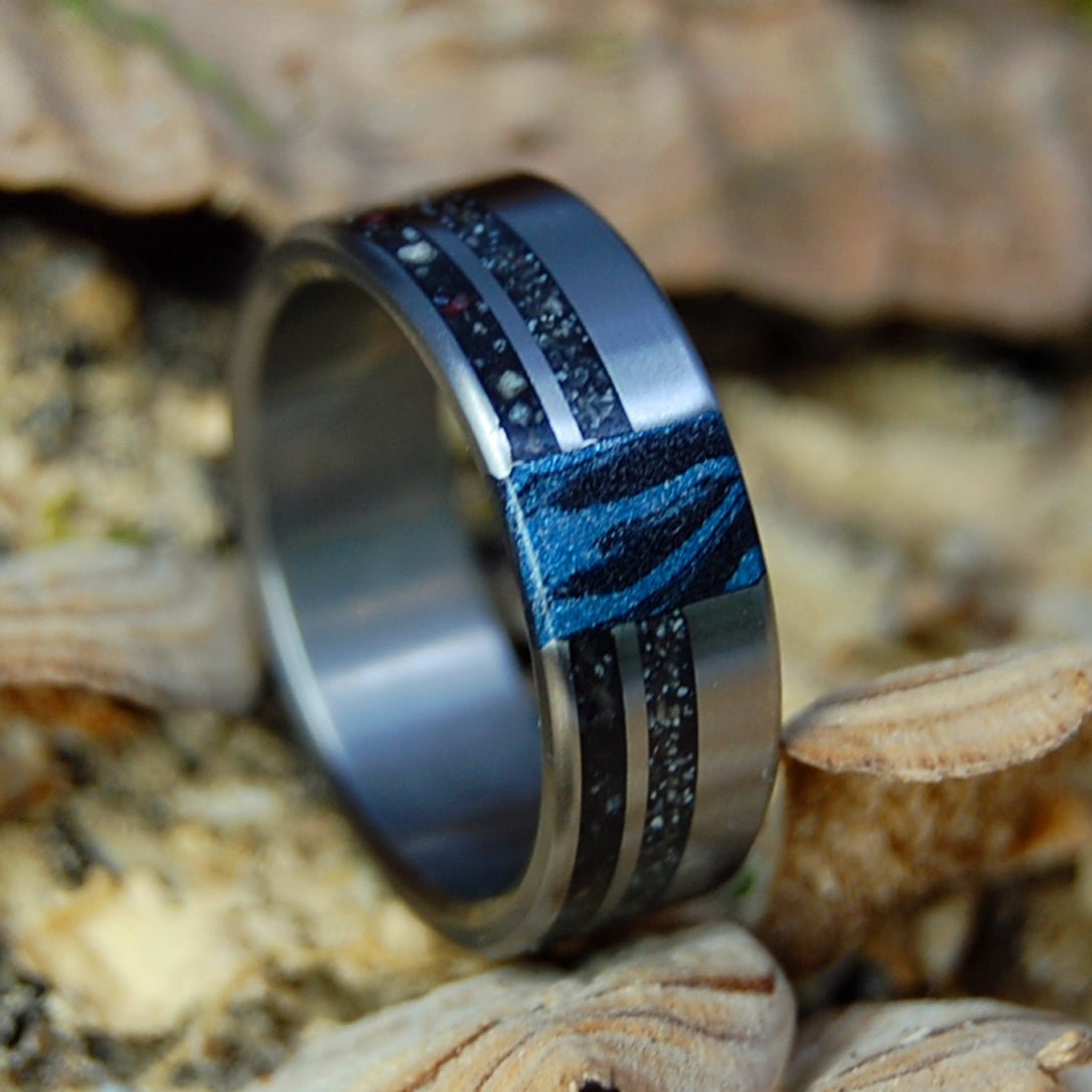 LESSER TO GREATER ANTILLES | Men's Jamaica, Barbados, Trinidad Beach Sand, Mokume Gane & Titanium Wedding Ring - Minter and Richter Designs