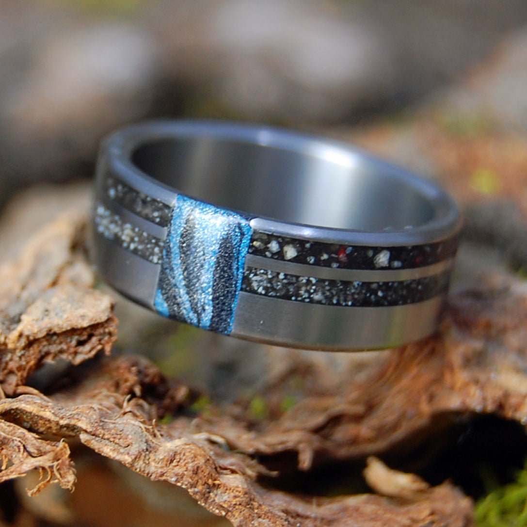 LESSER TO GREATER ANTILLES | Men's Jamaica, Barbados, Trinidad Beach Sand, Mokume Gane & Titanium Wedding Ring - Minter and Richter Designs