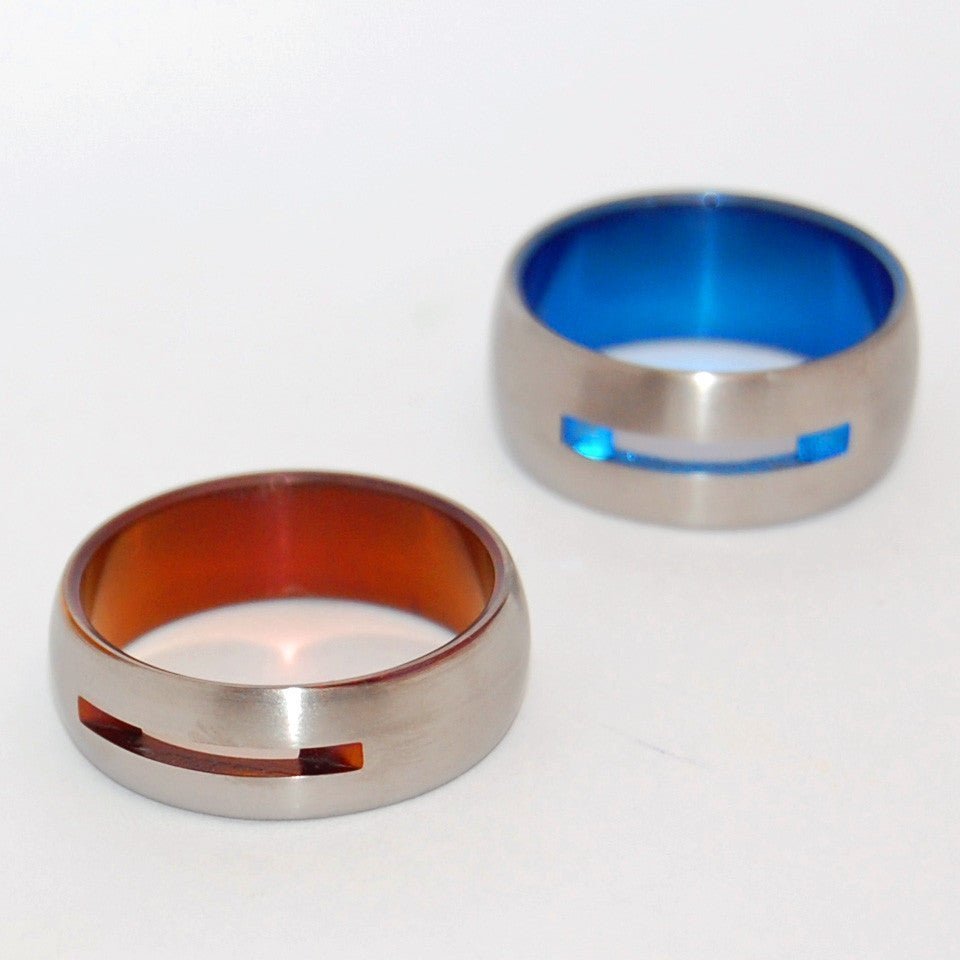 Let Love Shine Through | Bronze & Blue Anodized Titanium Wedding Rings - Minter and Richter Designs