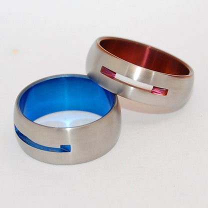 Let Love Shine Through | Bronze & Blue Anodized Titanium Wedding Rings - Minter and Richter Designs