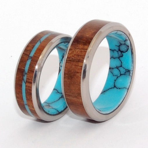 Let There Be | Turquoise Stone, Hawaiian Koa Wood & Titanium - Unique Wedding Rings - Minter and Richter Designs
